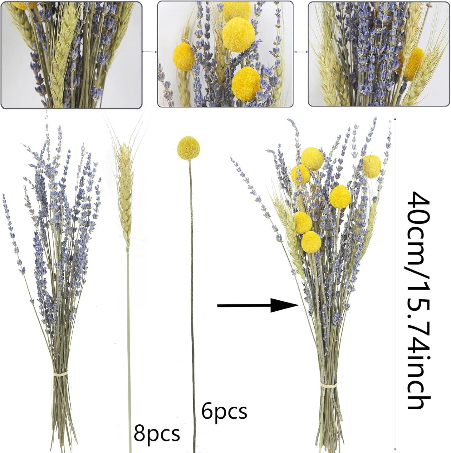 CISDUEO Dried Flowers Bouquet Dried Wheat Stalks Bundle Natural Lavender Dried Flowers Craspedia Flowers Dried Floral Arrangements for Wedding Party Table Centerpiece Decor Farmhouse DIY