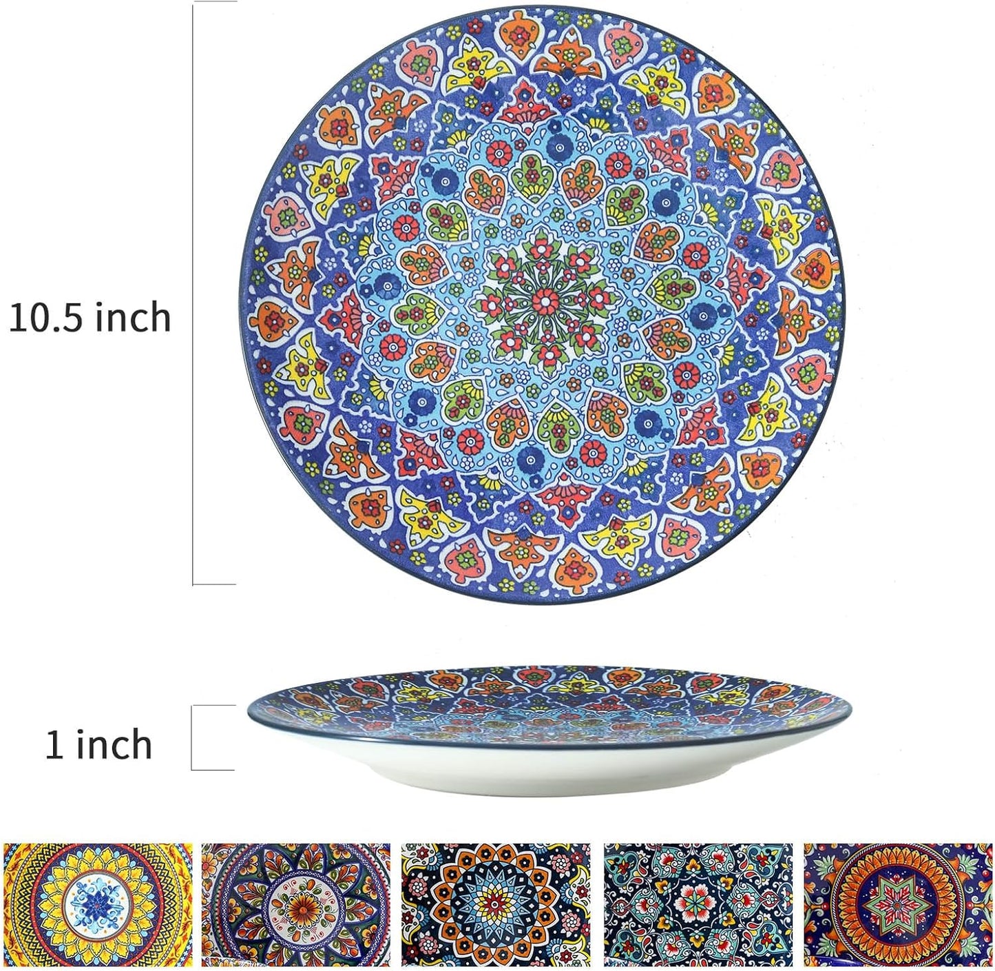 glowworm Dinner Plates, 10.5 Inch Ceramic Plates Set of 6 for Steak, Snacks, Pizza, Cake, Colorful Serving Dishes for Kitchen, Housewarming Gift, Microwave, Oven & Dishwasher Safe, Bohemian