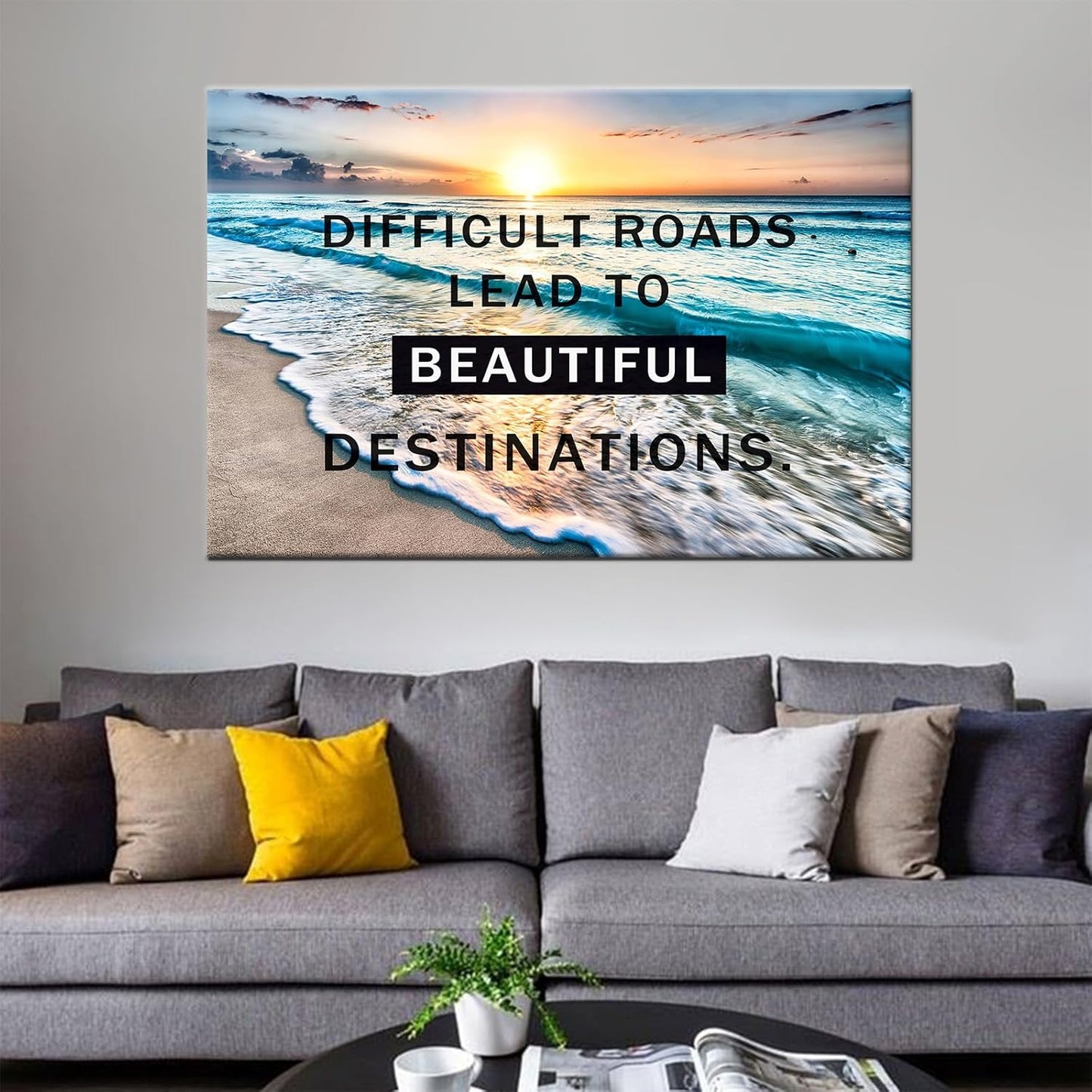 GoForArt Inspirational Canvas Wall Art, Famous Quote Prints Motivational Wall Decor, Difficult Road Poster for Office Living Room, Ocean Bedroom Dining Room Artwork Home Decoration 24x36in