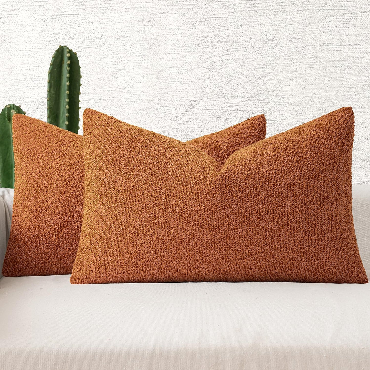 MIULEE 12x20 Inch Decorative Lumbar Throw Pillows for Bed Set of 2 Textured Boucle Neutral Winter Throw Pillow Covers Orange Accent Solid Pillowcases Sofa Livingroom Home Decor