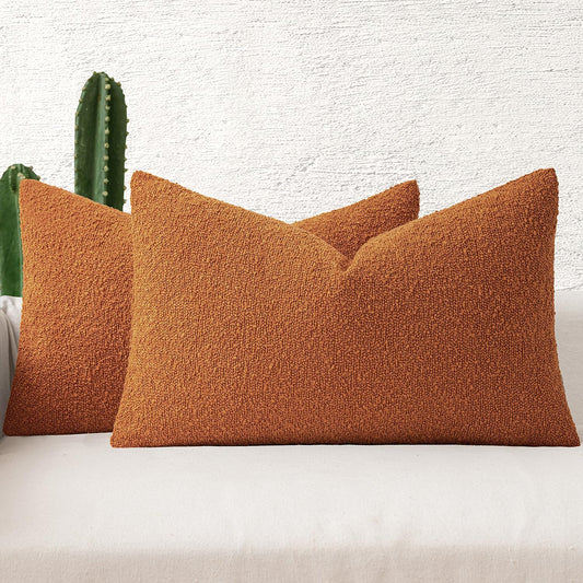 MIULEE 12x20 Inch Decorative Lumbar Throw Pillows for Bed Set of 2 Textured Boucle Neutral Winter Throw Pillow Covers Orange Accent Solid Pillowcases Sofa Livingroom Home Decor