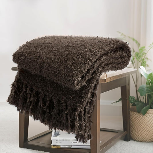 Knit Throw Blanket Fluffy Fuzzy Soft Lightweight Cozy Farmhouse Tassels Chunky Knitted Throws for Couch Sofa Bed (Brown, 50"x60")