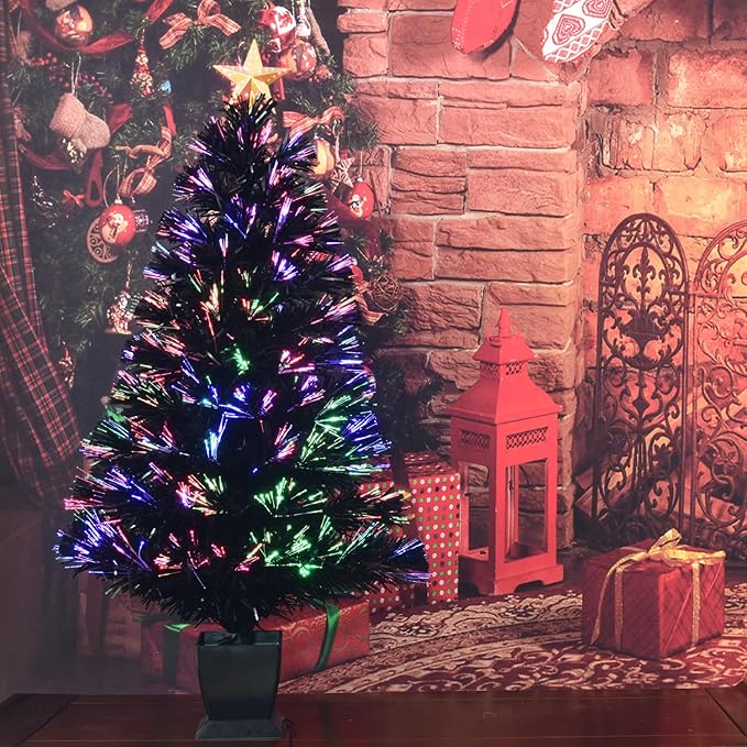 3ft Black Fiber Optic Christmas Tree,Pre-Lit Artificial Mini Christmas Tree, Tabletop Small Xmas Tree with Stars Holiday Home Decorations