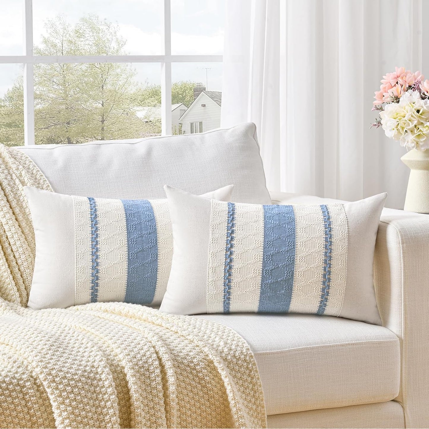 Fancy Homi Set of 1 Boho Light Blue Lumbar Decorative Throw Pillow Cover 12x20 Inch for Couch Bed Sofa Chair, Modern Organic Farmhouse Home Decor, Soft Cotton Cute Accent Rectangle Cushion Case