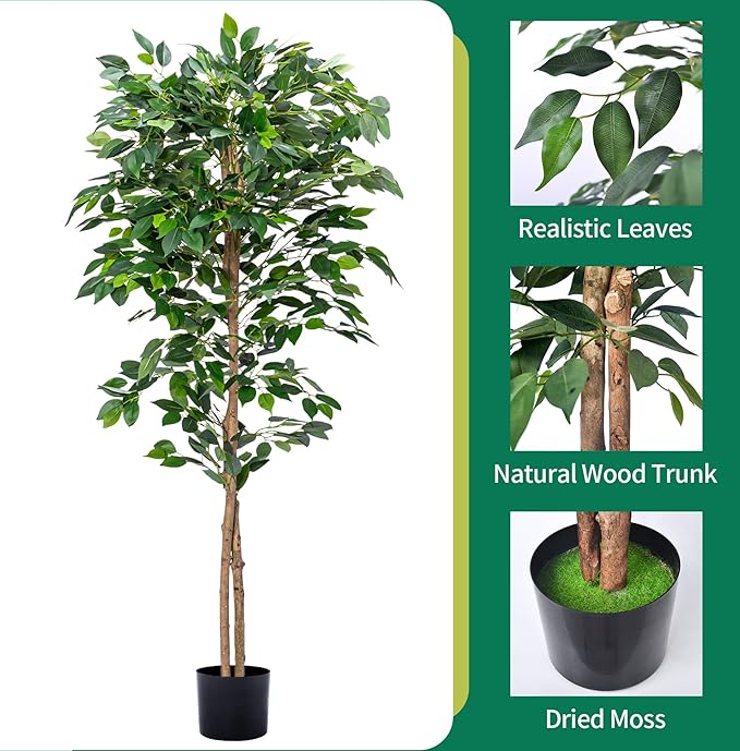 2Packs 5FT Artificial Ficus Trees with Realistic Leaves and Natural Trunk, Faux Ficus Tree with Sturdy Plastic Nursery Pot, Fake Ficus Tree for Office Home Farmhouse for Indoor Outdoor Decor
