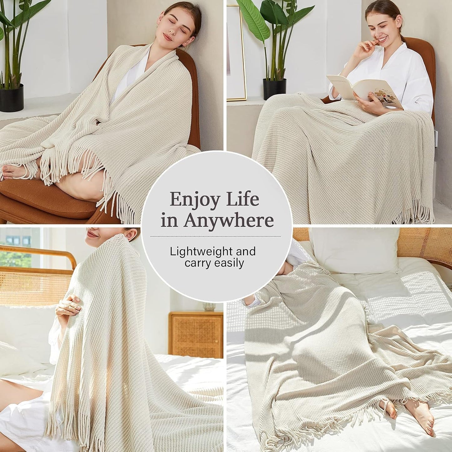 BLAGIC Knitted Throw Blanket for Couch Soft Farmhouse Boho Throw Blanket with Tassels Home Decorative Lightweight Throw Blankets, Throws for Bed/Chair/Sofa, Stripe Textured(Creamy White,50"W x 60"L)