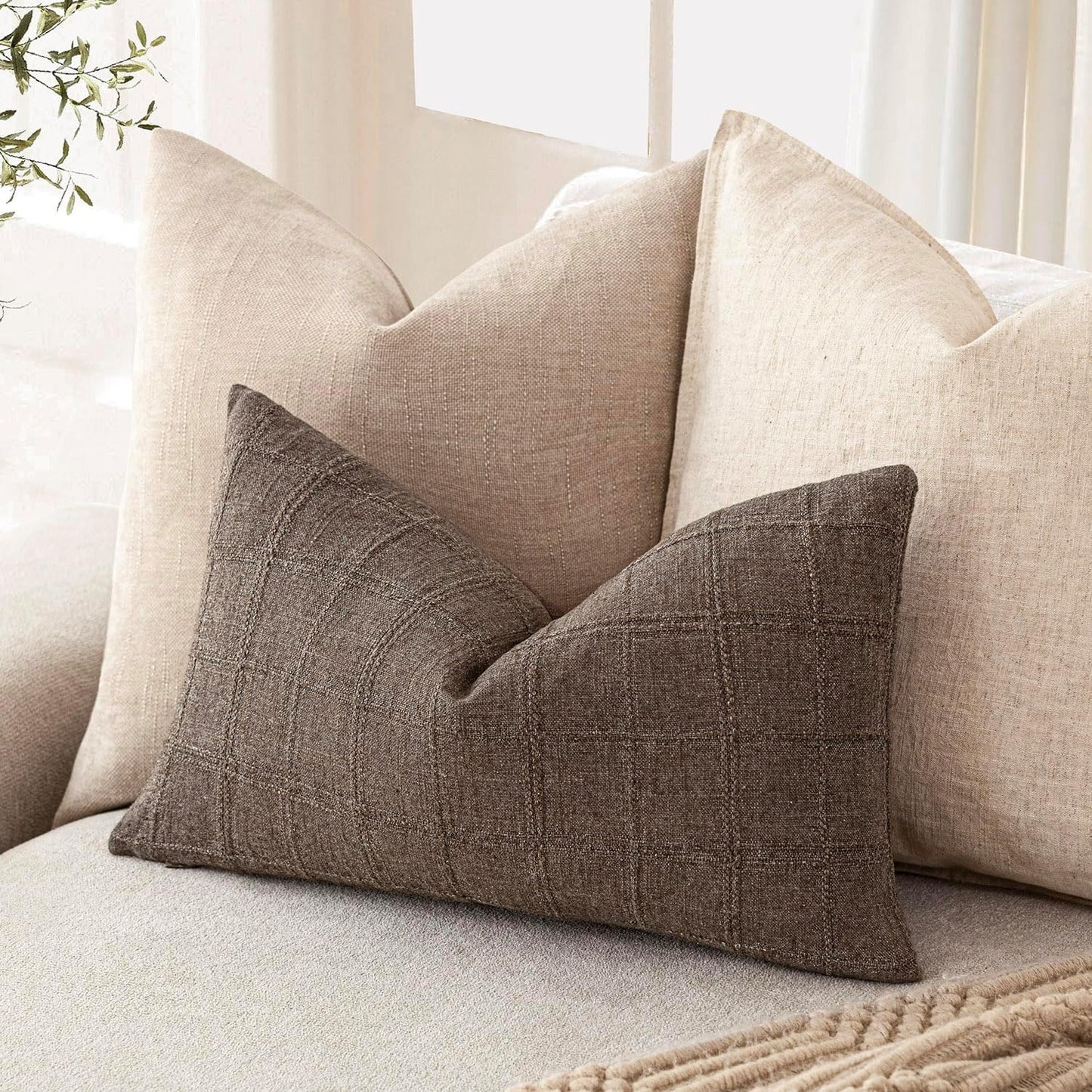 Foindtower Set of 2 Decorative Linen Check Throw Pillow Covers Neutral Farmhouse Lumbar Cushion Covers Modern Boho Home Decor for Sofa Chair Couch Bedroom Living Room,12×20 Inch,Dark Brown