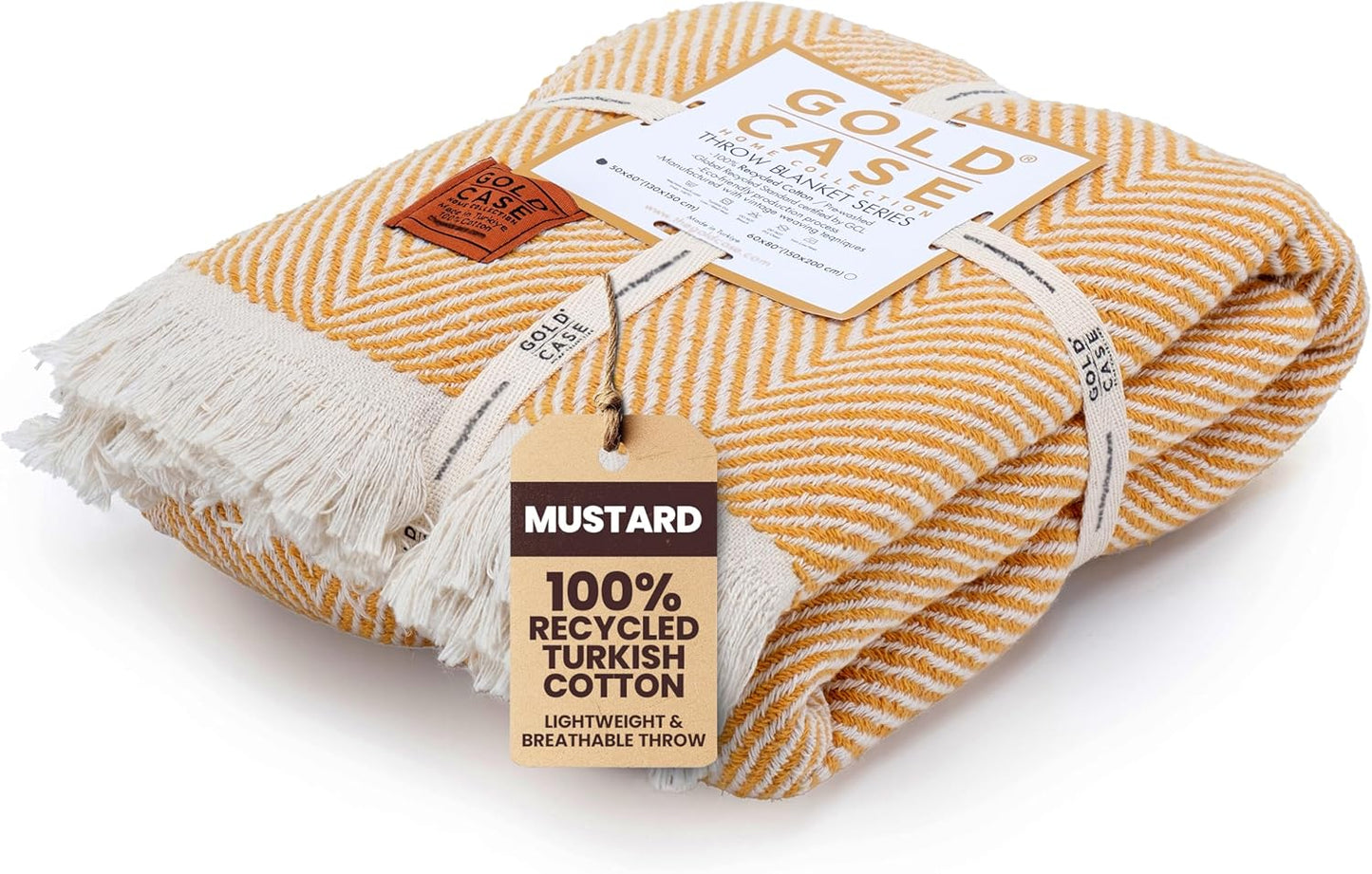 Gold Case Throw Blanket for Couch - 100% Recycled Turkish Cotton Blankets & Throws - Elegant Soft Throw Blankets for Living Room - Boho Decorative Woven Couch Blanket - 60x80 - Mustard