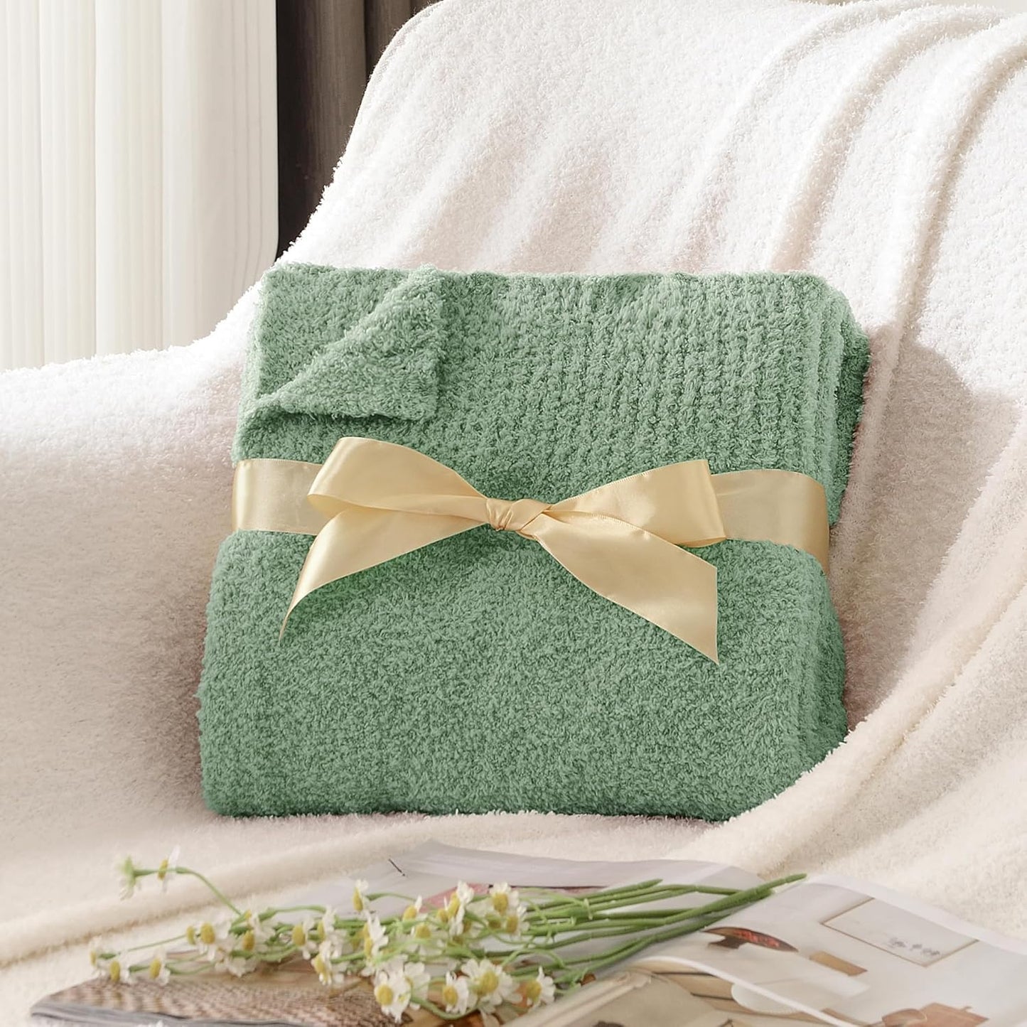 JOOJA Queen Size Throw Blanket for Bed - Super Soft, Comfy Cozy Knit Fuzzy Plush Fleece for Couch, Living Room, Sofa - Lightweight Gift for Women - 90 x 90 Inches, Sage