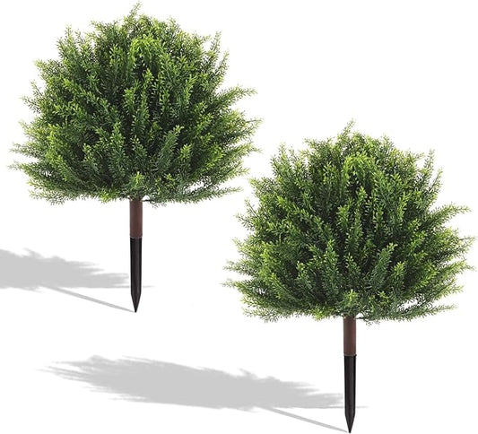 24" Artificial Plants Topiary Cedar Tree Indoor, Set of 2 Faux Plants Outdoor UV Resistant Fake Shrubs for Front Porch Garden Decor with Ground Spike