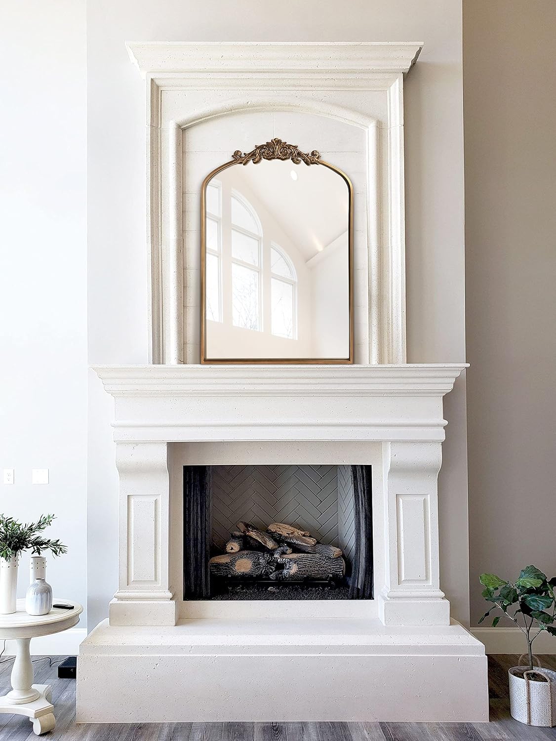 Gold Brass Mirror for Wall,Gold Traditional Vintage Ornate Baroque Mirrors,Victorian Antique Bronze Mirrors with Full Matel Frame,Arched Mirror for Entryway/Bathroom/Fireplace 24"X36"