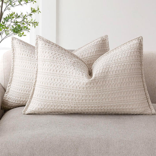 Foindtower Set of 2 Decorative Cotton Waffle Weave Lumbar Throw Pillow Covers Euro Shams Cushion Covers Accent European Pillowcase for Bed Couch Sofa Bedroom Living Room Home Decor 12×20 Inch Oatmeal