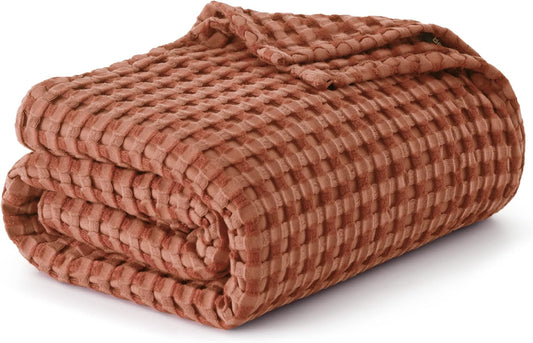 Bedsure Cooling Cotton Waffle Queen Size Blanket - Lightweight Breathable Blanket of Rayon Derived from Bamboo for Hot Sleepers, Luxury Throws for Bed, Couch and Sofa, Red Orange, 90x90 Inches