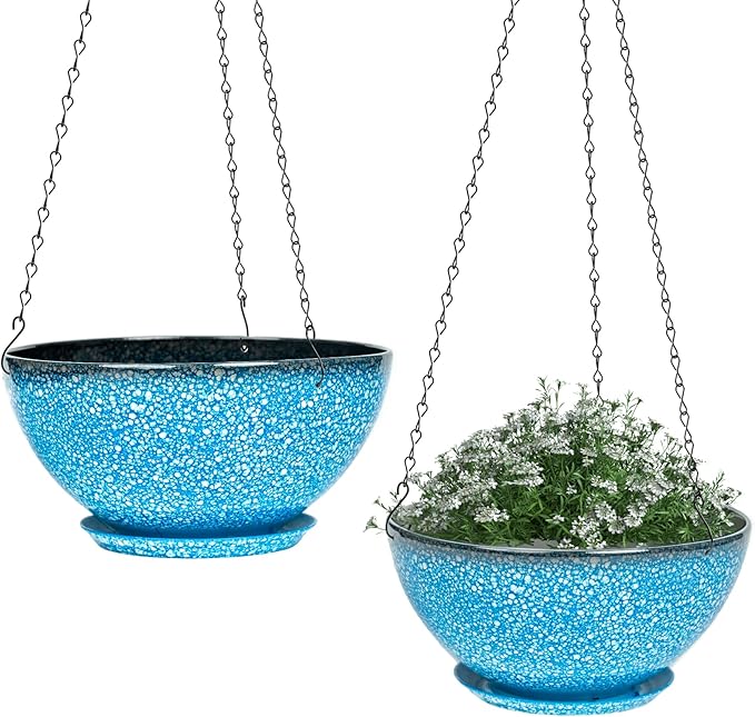 Hanging Planters for Indoor Outdoor Plants-2 Pack 10 inch Hanging Plant Pots with Drainage and Chain, Hanging Planter for House Plants (Blue with White Spray)