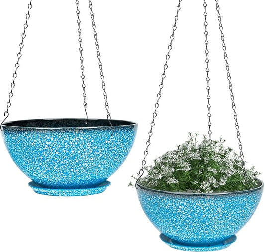 Hanging Planters for Indoor Outdoor Plants-2 Pack 10 inch Hanging Plant Pots with Drainage and Chain, Hanging Planter for House Plants (Blue with White Spray)
