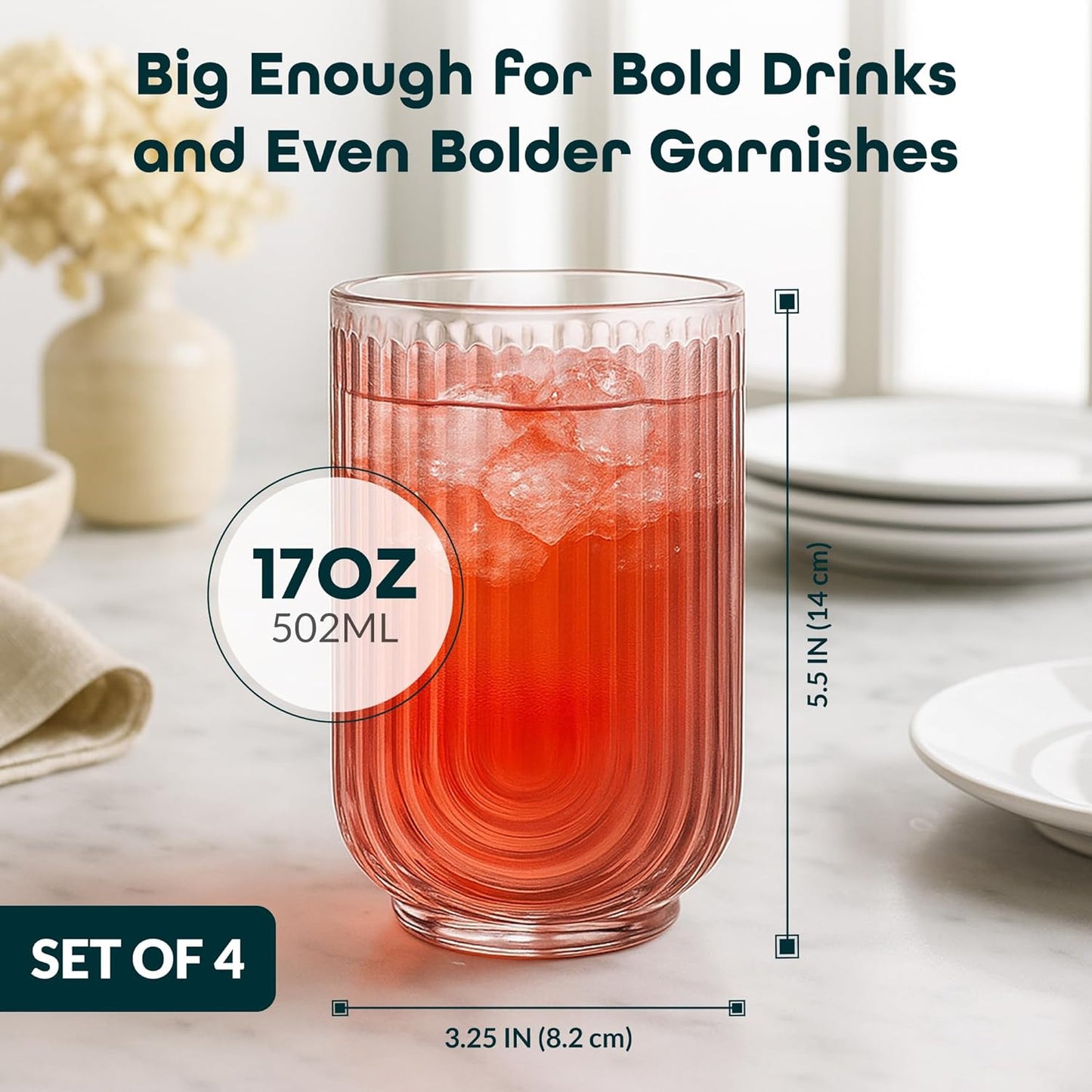 Glaver's Vintage Glassware Art Deco Glasse Ribbed Drinking Glasses U-Shape Arch Design Colored Cocktail Kitchen Tumblers Everyday Dinner Decorative Party (Pink S/4 17oz)