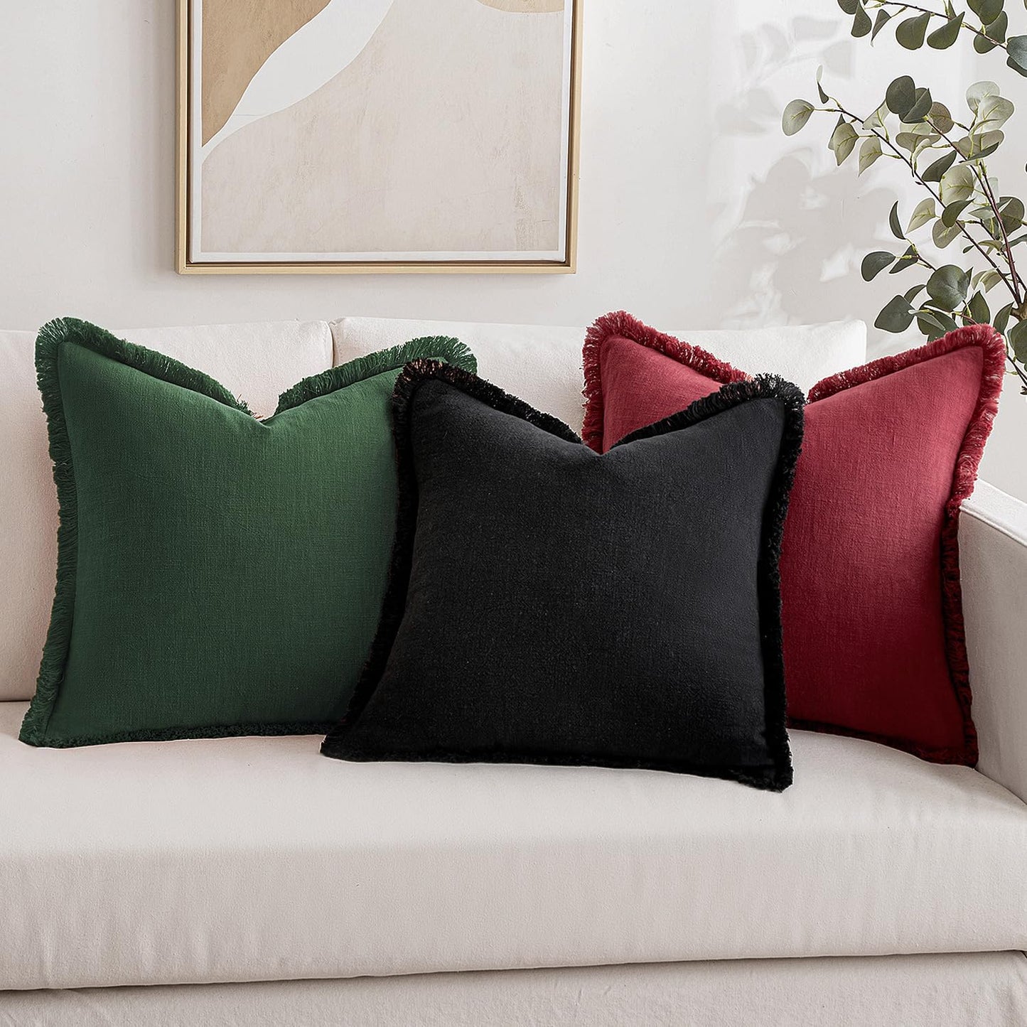 MIULEE Linen Pillow Covers 20x20 Inch Dark Green Decorative Throw Pillows with Fringe Pack of 4 Soft Farmhouse Boho Couch Pillows Home Decors for Sofa Cushion Living Room Bed