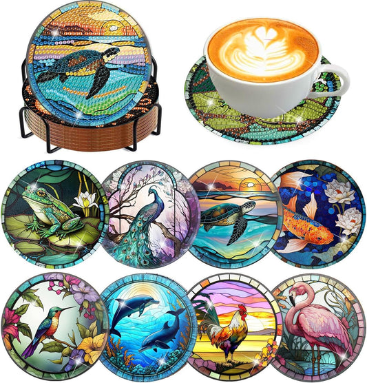 Meothan 8 Pcs Diamond Art Coasters Kits for Adults with Holder Cork Pads, Diamond Dots Art Painting Coasters Crafts Kit for Home Office Decor (Different Animals)