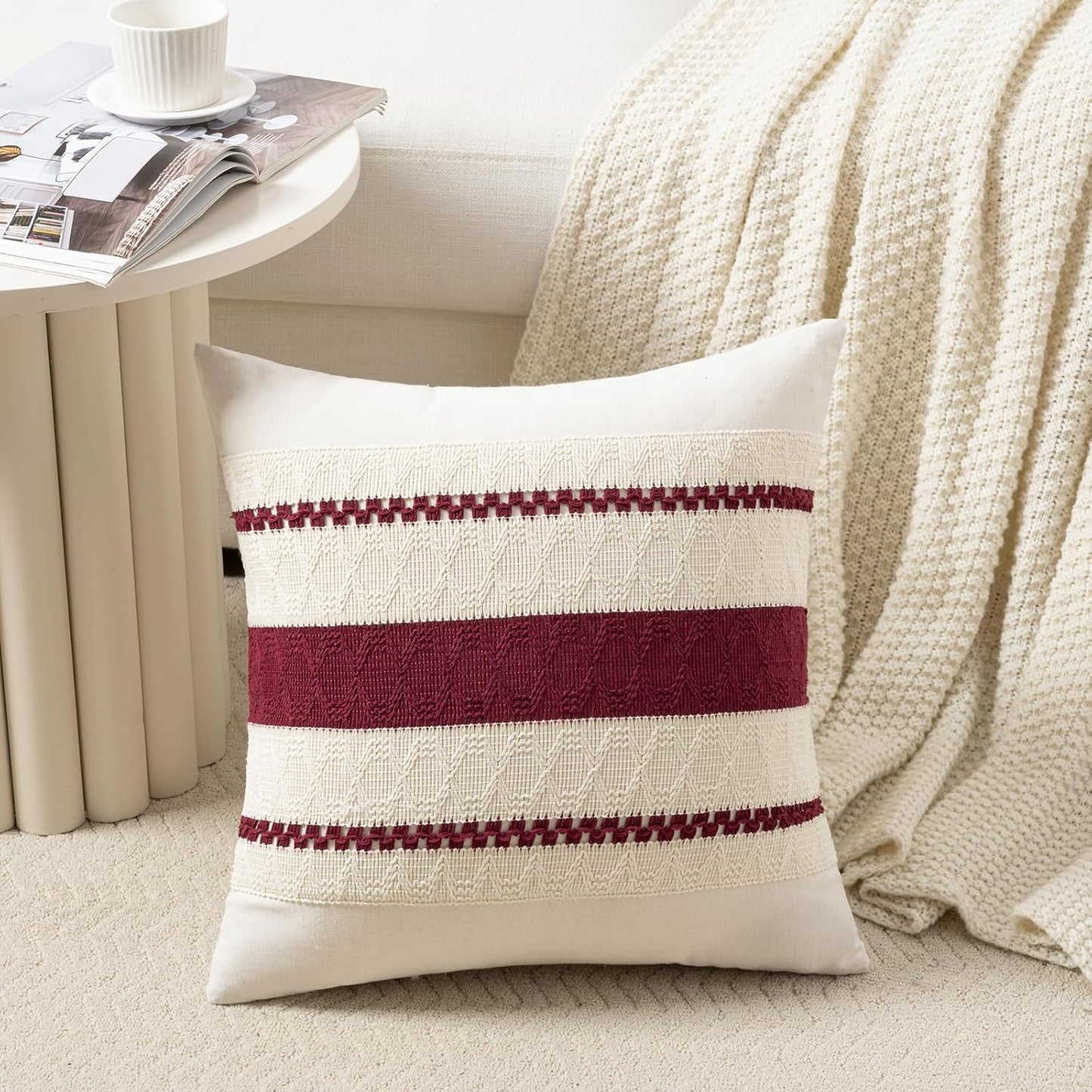 Fancy Homi Set of 2 Burgundy Boho Decorative Throw Pillow Covers 18x18 Inch for Couch Bed Sofa, Aesthetic Modern Farmhouse Christmas Room Decor, Soft Cotton Cute Textured Wind Red Cushion Case