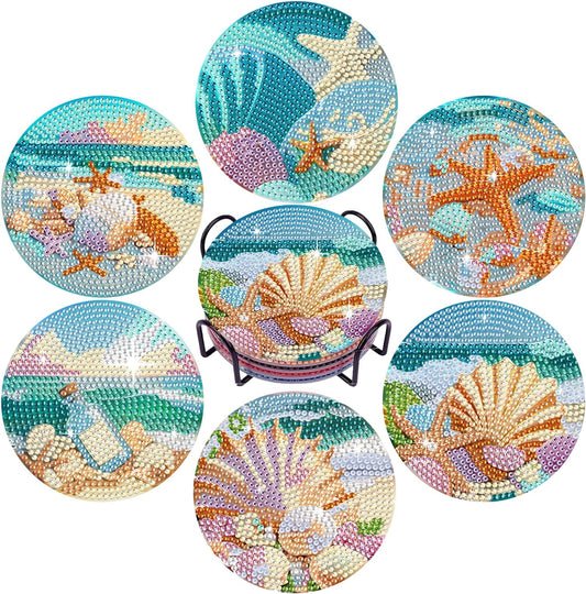 Leatrice Ocean Diamond Art Coasters Set of 6, Small Diamond Painting Kits for Adults Beginners Women, Gem Art Coasters with Holder, Funny Arts Supplies for Kitchen Decor