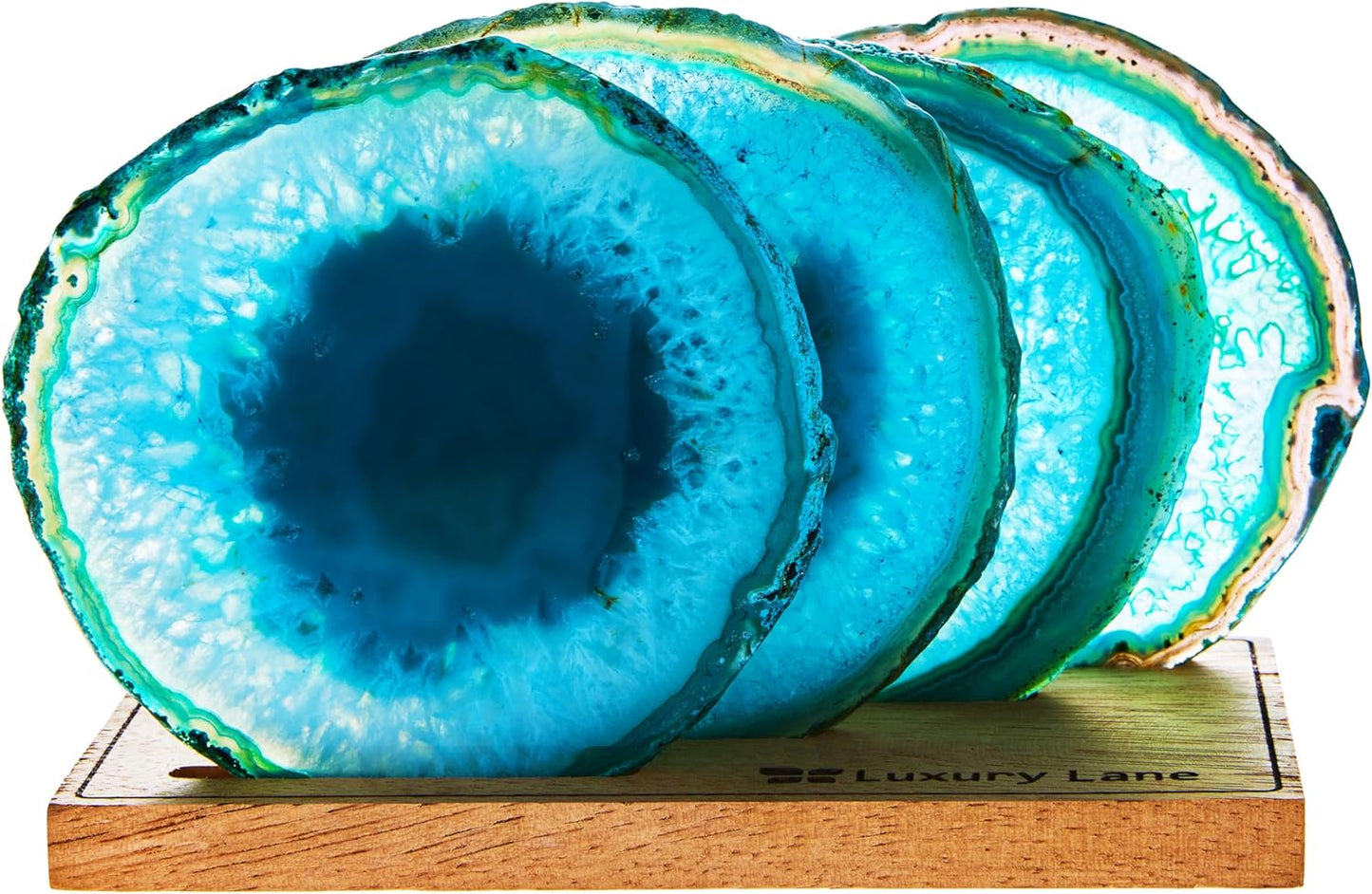 Luxury Lane Set of 4 Large Natural Brazilian Agate Slice Geode Rock Stone Drink Coasters with Wood Holder 4.3-4.7 inch Centerpiece Table Decoration, Teal