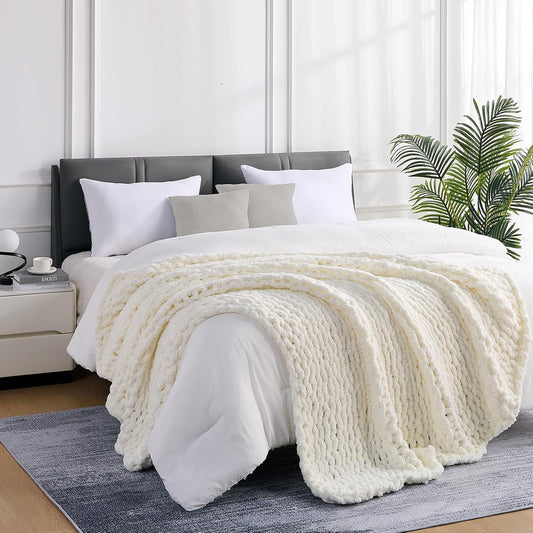 L'AGRATY Chunky Knit Blanket Throw: 80''x90'' Chenille Chunky Knitted Throw Blanket for Bed Couch - Handmade Thick Big Cable Knit Blanket - Large Chunky Crochet Blanket for Home Decor(Cream White)