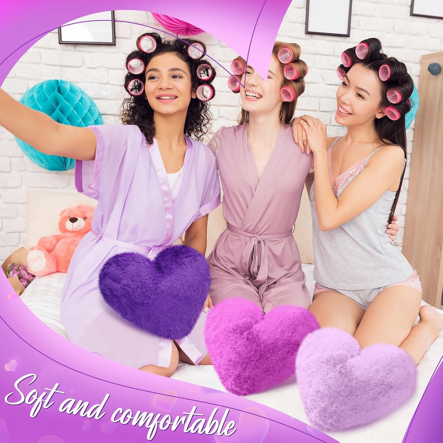 Liliful 6 Pcs Faux Rabbit Fur Heart Pillows Helloween Fluffy Heart Throw Pillows Christmas Cute Couch Cushion Soft Decorative Throw Cushion for Bed Sofa Girls Women(12 x 11 Inch,Purple Color)