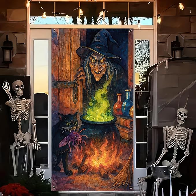 Witch Cauldron Door Cover Halloween Decorations 35x71 Inch Door Banner with Black Cat and Potion Green Fire Spooky Decor for Haunted House Party Indoor Wall Scene