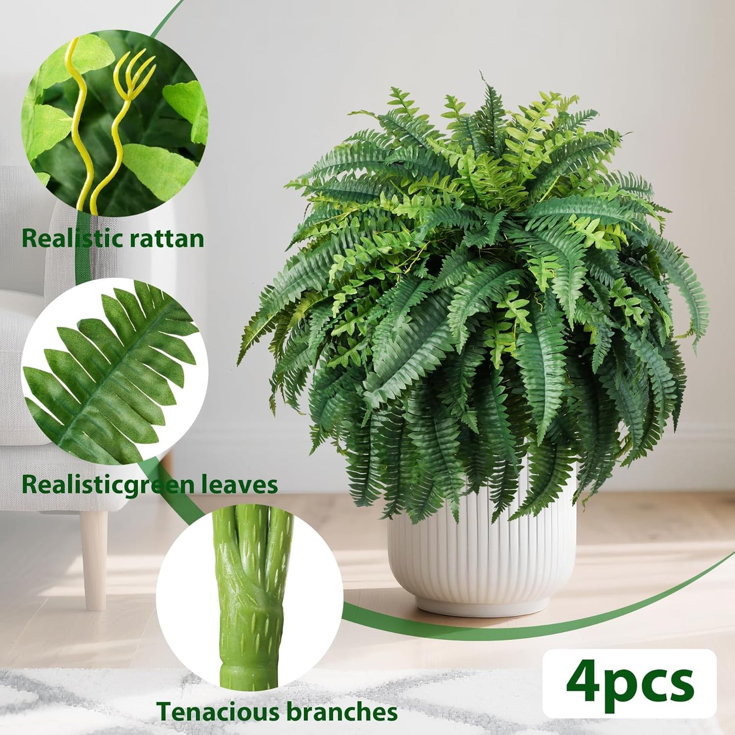 Fake Ferns Artificial Ferns for Outdoors 4Pack Large Faux Ferns UV Resistance for Outdoor Large Planter Realistic Artificial Boston Fern Plants for Garden Balcony Terrace Decor，25.6In,38Leaves