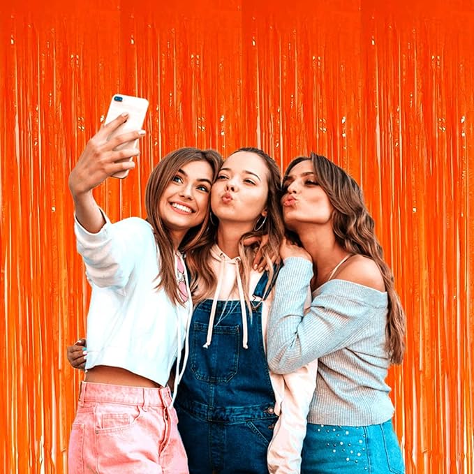 4 Pack Orange Foil Fringe Curtain Backdrop, 3.3Ft x 9.8Ft Metallic Tinsel Streamers Curtains Photo Booth, Wedding, Thanksgiving, Birthday, Christmas, Halloween Party Decor, Macaron