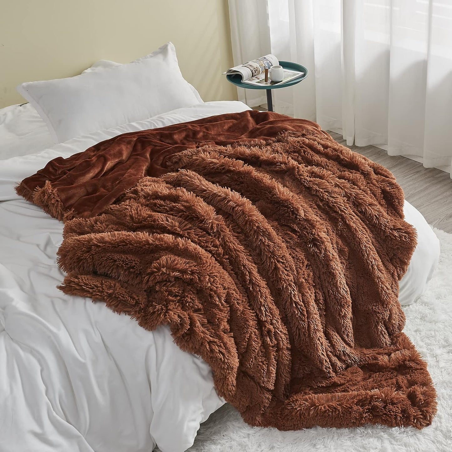 GONAAP Fuzzy Faux Fur Throw Blanket Queen Size Coffee Super Soft Cozy Plush Fuzzy Shaggy Blanket for Couch Sofa Bed (Coffee, Queen(90"x90"))