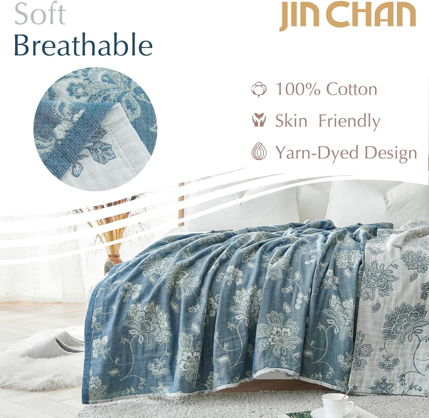 jinchan Boho 100% Cotton Muslin Queen Size 80x90 Inches Blanket Lightweight 4-Layer Quilted Soft Blue and White Floral Throw Blanket Green Accents Reversible Comfy Flower Rustic Summer Couch Bedroom