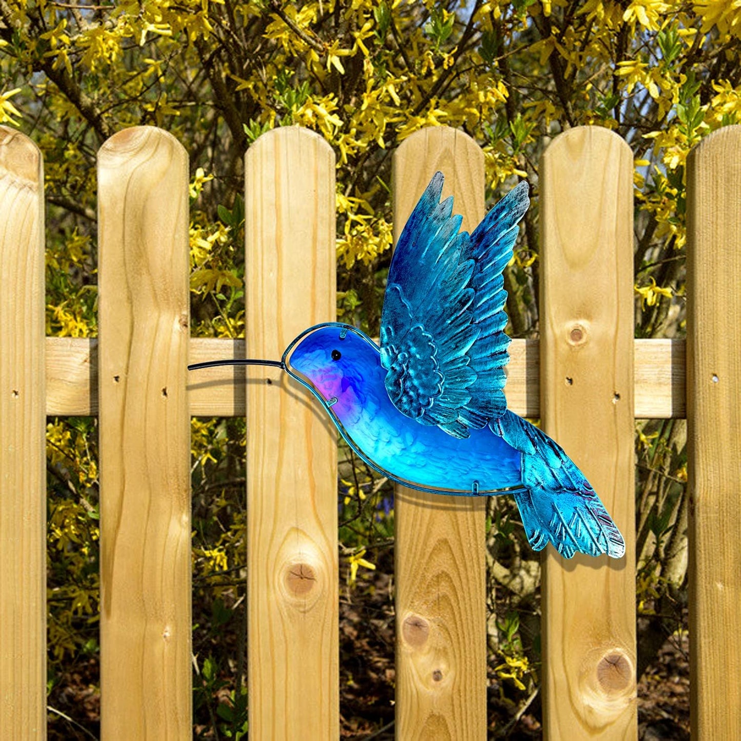 John's Studio Metal Hummingbird Wall Decor Bathroom Glass Art Iron Sculpture Outdoor Hanging Decoration for Home Bedroom Garden Patio Porch or Fence - Blue