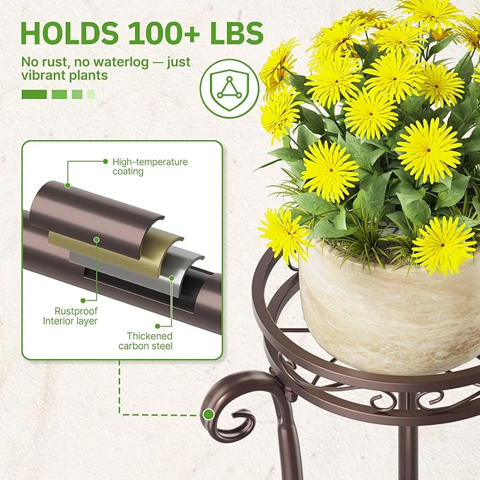 KMOTASUO 3 Tier Metal Plant Stand for Multiple Large Planters Indoor Outdoor Organizer, Heavy Duty Tall Flower Rack for Corner Patio Bathroom Office Corner, Modern Sturdy Vertical Iron Rack, Bronze