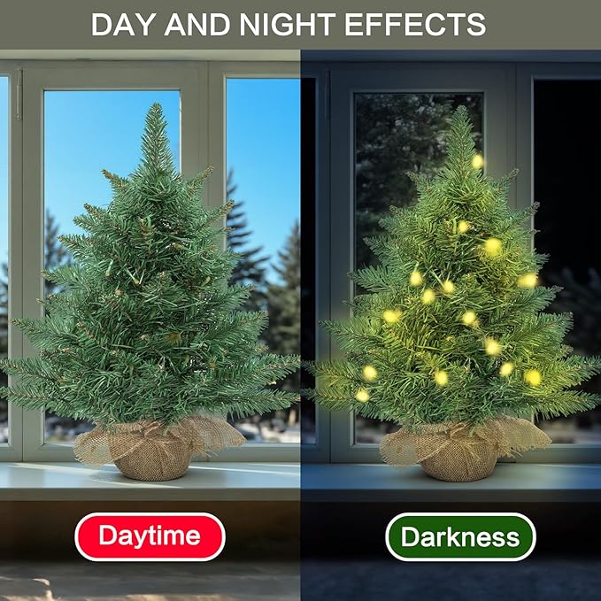 24 Inch Pre-lit Artificial Mini Christmas Tree,Tabletop Christmas Tree with 30 LED Warm Lights,Desktop Small Xmas Green Pine Tree for Home Decor（Battery Operated）