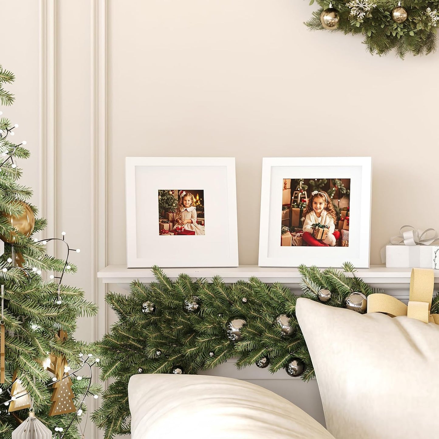 KINLINK 8x8 Picture Frame, White Square Solid Wood Frames for Pictures 4x4 and 6x6 with Mat or 8x8 without Mat, Wall and Tabletop Display Photo Frames White 4 Pack