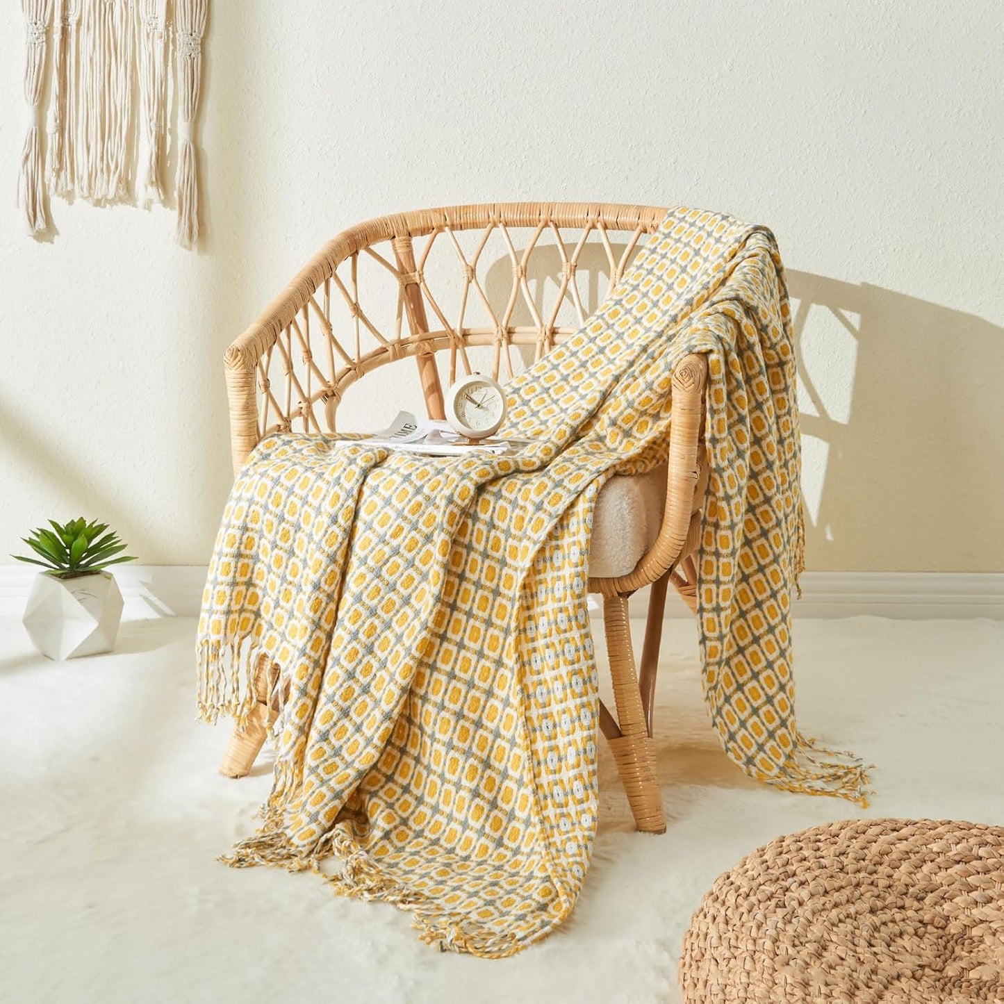 lifein Throw Blanket for Couch - Boho Throw Blanket, Knit Woven Blanket, Soft Decorative Blankets&Throws with Tassels for Bed,Sofa,Chair,Home Decor(50x60in,Yellow/Mustard)
