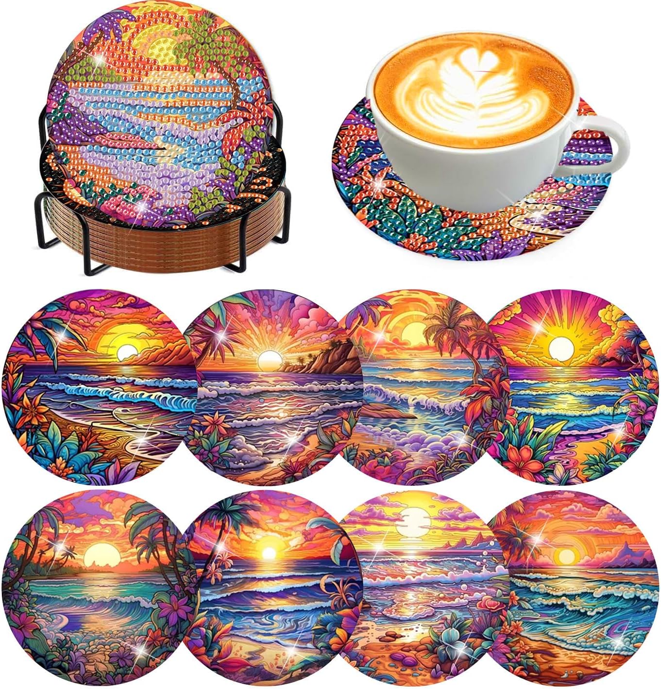 Meothan 8 Pcs Diamond Art Coasters kit with Holder Cork Pads, Diamond Dot Art Painting Coasters Kit for Adults (Sunset Beach)