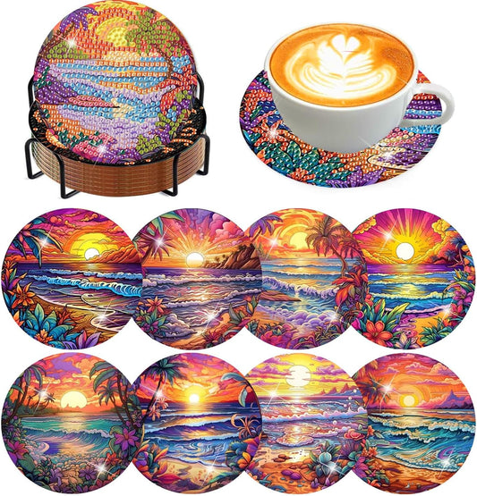 Meothan 8 Pcs Diamond Art Coasters kit with Holder Cork Pads, Diamond Dot Art Painting Coasters Kit for Adults (Sunset Beach)