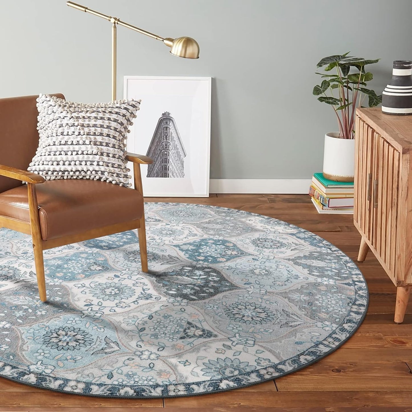 Lahome Moroccan Trellis Washable Round Area Rug, Soft Round Rugs 6ft Ultra-Thin Non-Slip, Vintage Large Circle Carpet for Bedroom Living Room Kitchen Nursery, Blue