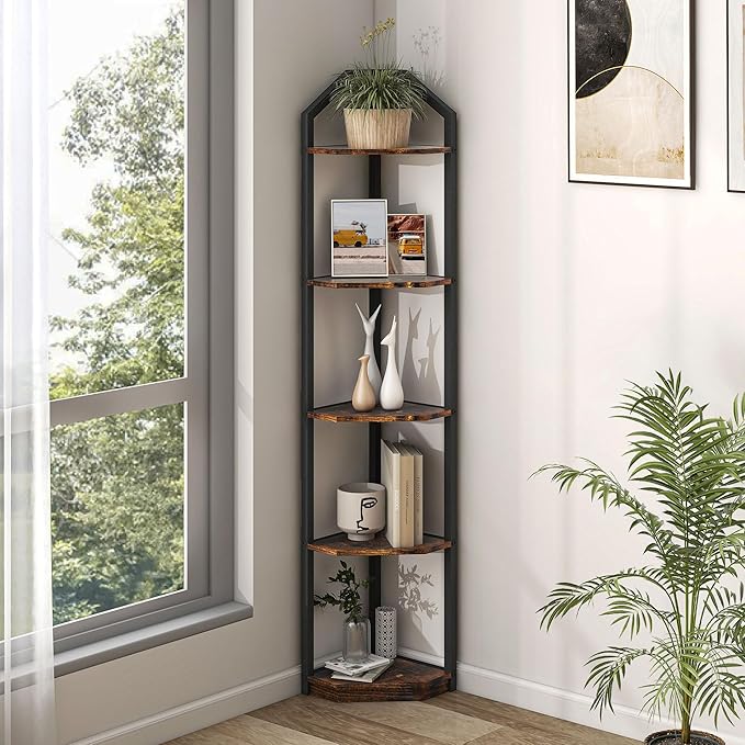 Fun Memories 5 Tier Corner Shelf, 70” Corner Shelf Stand, Corner Bookshelf Plant Stand, Storage Shelf for Bathroom, Living Room, Kitchen,Home Office, Brown