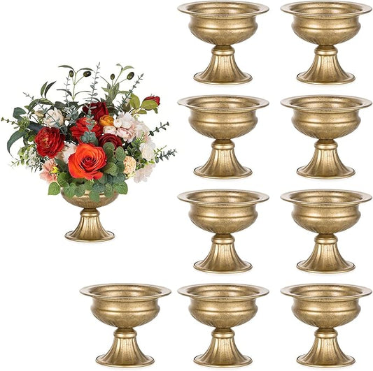 NUPTIO Distressed Gold Vases for Centerpieces: 10 Pcs Small Compote Vases for Flowers - Metal Pedestal Bowl Decor for Wedding Table Home