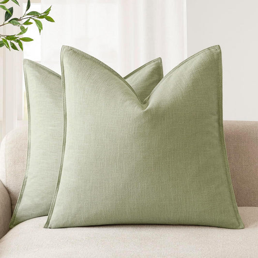 Foindtower Pack of 2, Decorative Linen Solid Throw Pillow Covers Soft Accent Cushion Case Boho Farmhouse Pillowcase for Chair Couch Sofa Bedroom Living Room Home Decor 24 x 24 Inch Light Sage Green