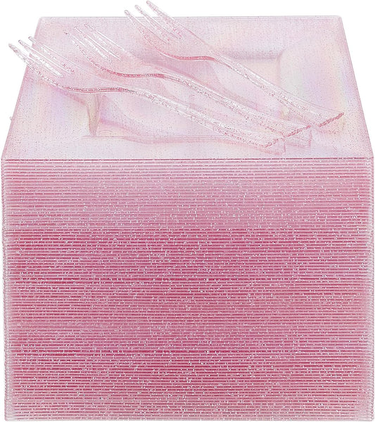 DaYammi 200 Pcs Pink Dessert Plates Including 100Pcs Appetizer plates 6'',100Pcs Plastic Forks 5.7'',Rose Glitter Plastic Square Plate for Wedding,Pink Salad plates and Cake forks for Birthday Party