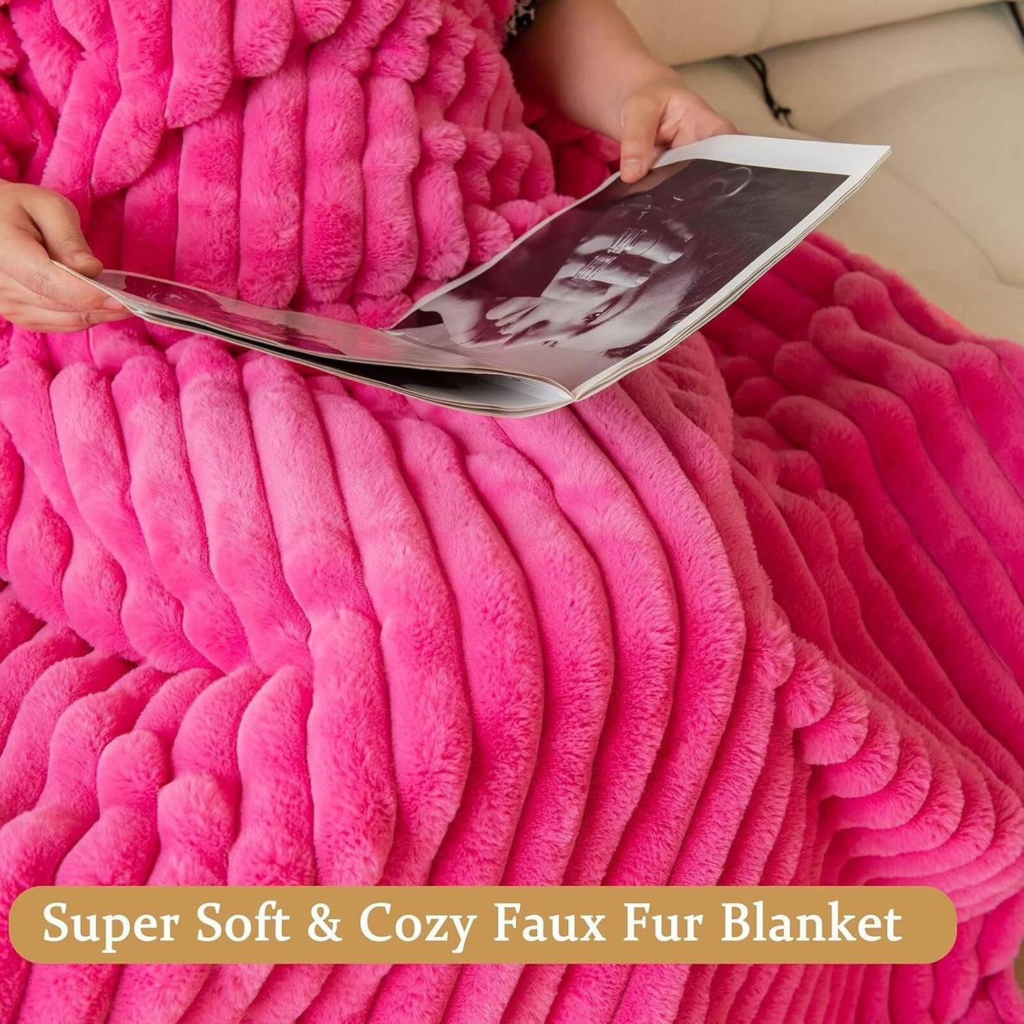 Hot Pink Faux Fur Throw Blanket for Couch, Fuzzy Cozy Soft Warm Plush Striped Throw Blanket, Christmas Decorative Fluffy Winter Blanket for Sofa Bed Living Room Home Decor, 60"x80"