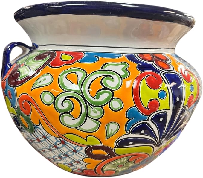 Talavera Michoacana Planter XL Pot Folk Art Multicolor Mexican Pottery Home Decor Hand Painted Garden Indoor Handmade Outdoor 18.5" (Cobalt Multicolor Blue)