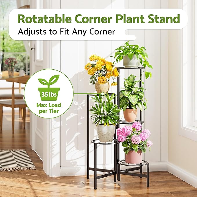 Corner Plant Stand Indoor Outdoor Tall Metal Flower Pot Stands for Multiple Plants 5 Tier Heavy Duty Plant Shelf for Patio Garden Balcony Living Room Bedroom Black Kite