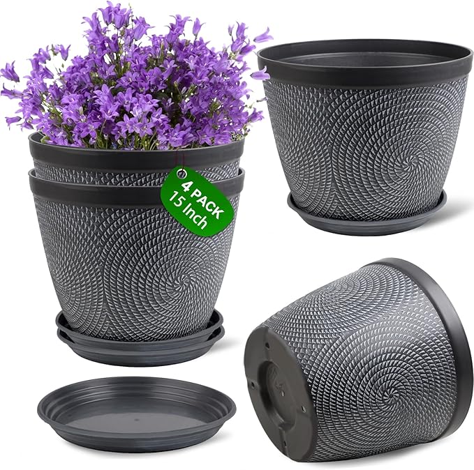 Quarut 4 Pack 15 Inch Large Planter Pot for Plants Outdoor Indoor, Plastic Flower Pots with Drainage Hole & Saucer, Modern Decorative Medium Large Plant Garden Pot, Plant Container for House (Gray)