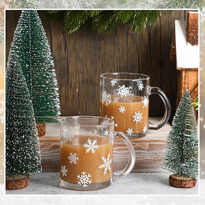 Tioncy 2pcs Christmas Snowflake Glass Coffee Mugs with Handle 12oz Christmas Snowflake Glass Cup Winter Holiday Mugs for Xmas Home Office Gifts