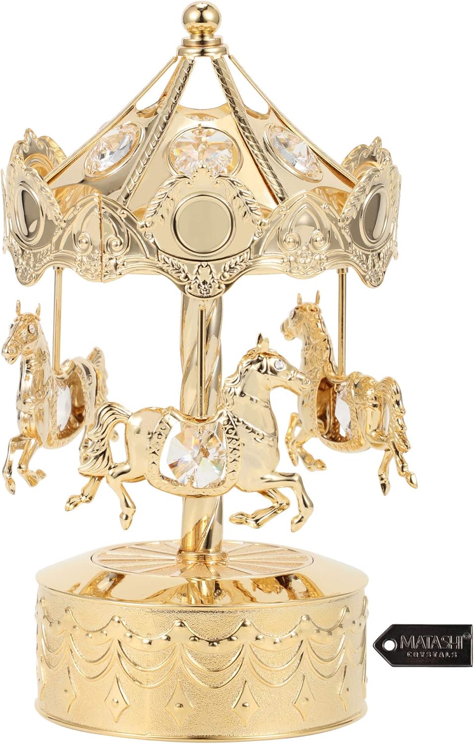 Matashi Tabletop Crystal Studded Music Box Carousel with Horses Figurine, Home Decorative Showpiece Ornament (24k Gold Plated) Gift for Birthday Mother's Day Valentine's Day Anniversary
